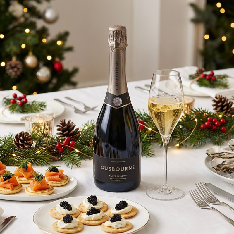Eine Flasche Gusbourne Blanc de Noirs steht auf einem festlich gedeckten Tisch, umgeben von einem Weihnachtsbaum, Tellern mit Lachs- und Kaviar-Cracker, sowie Kerzen und Dekorationen.