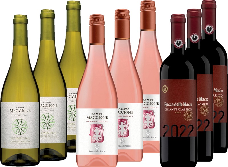 Paket Rocca delle Macie - Vielfalt der Toskana Sechs Flaschen Wein stehen nebeneinander: drei grüne Flaschen mit Weißwein, zwei rosafarbene Flaschen mit Rosé und drei dunkelrote Flaschen mit Rotwein. Jede Flasche hat ein etikettiertes Design.