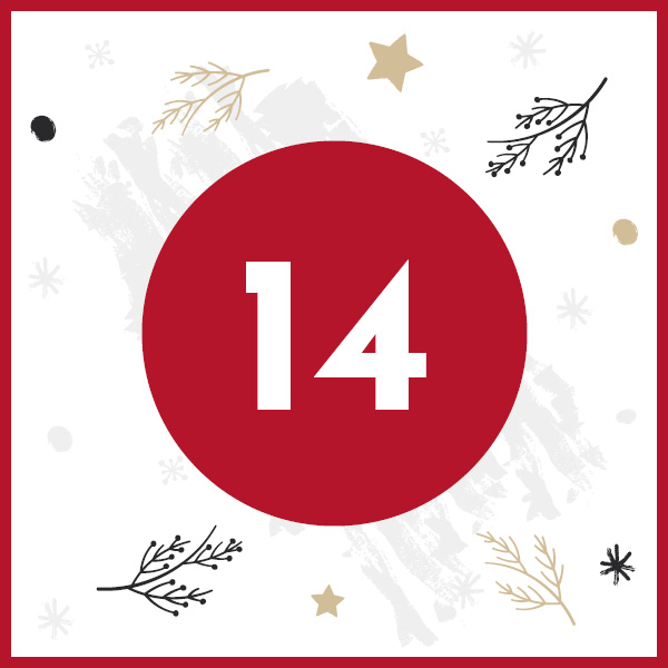 Eine rote Zahl -14- in einer großen roten Kreisform. Der Hintergrund ist weiß und mit goldenen und schwarzen Sternen sowie Pflanzenmotiven dekoriert.