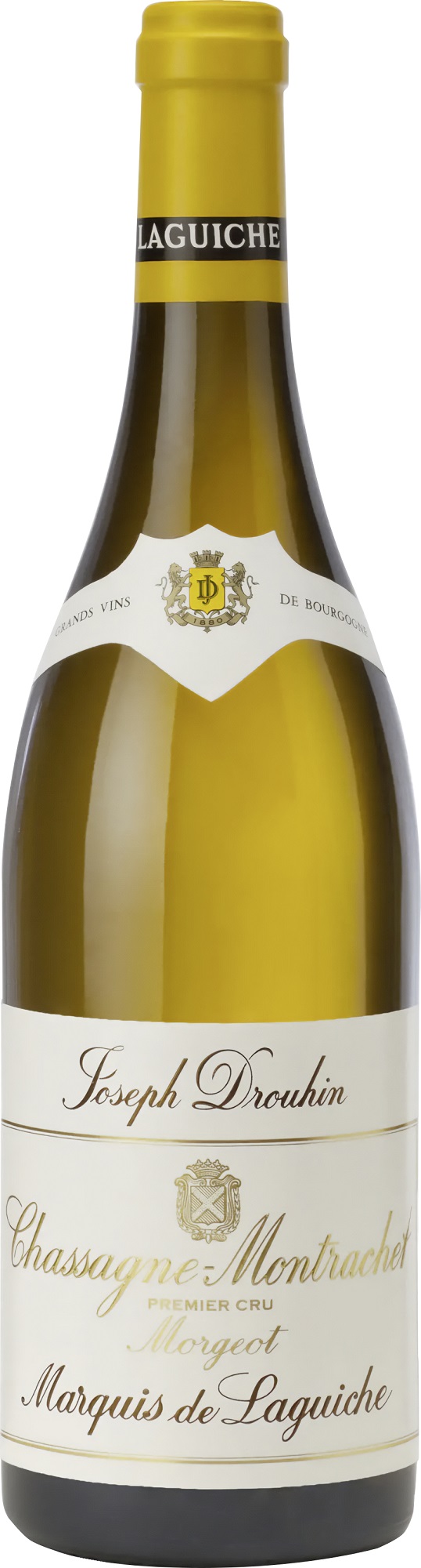 Chassagne-Montrachet Morgeot Marquis de Laguiche Eine Weinflasche mit einer hellen, eleganten Labelgestaltung. Die Flasche zeigt den Namen -Joseph Drouhin- und -Chassagne-Montrachet Premier Cru-, mit goldenen Akzenten und einem Wappen.