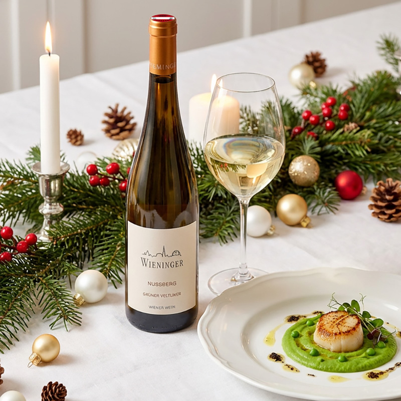 Eine Flasche Wein und ein Weinglas stehen auf einem festlich gedeckten Tisch. Daneben liegt ein Teller mit einem Scampi auf Erbsenpüree. Kerzen und Dekorationen umgeben die Szene.