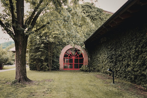 Ein rotes, bogenförmiges Fenster ist von grünen Pflanzen umgeben. Im Vordergrund steht ein Baum auf einer Wiese, die von einem Gebäude mit einer begrünten Wand flankiert wird.