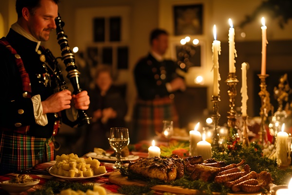 Ein Mann in traditioneller schottischer Kleidung spielt Dudelsack. Der Tisch ist festlich gedeckt mit köstlichem Essen, Kerzenlicht und einer fröhlichen Stimmung im Hintergrund.