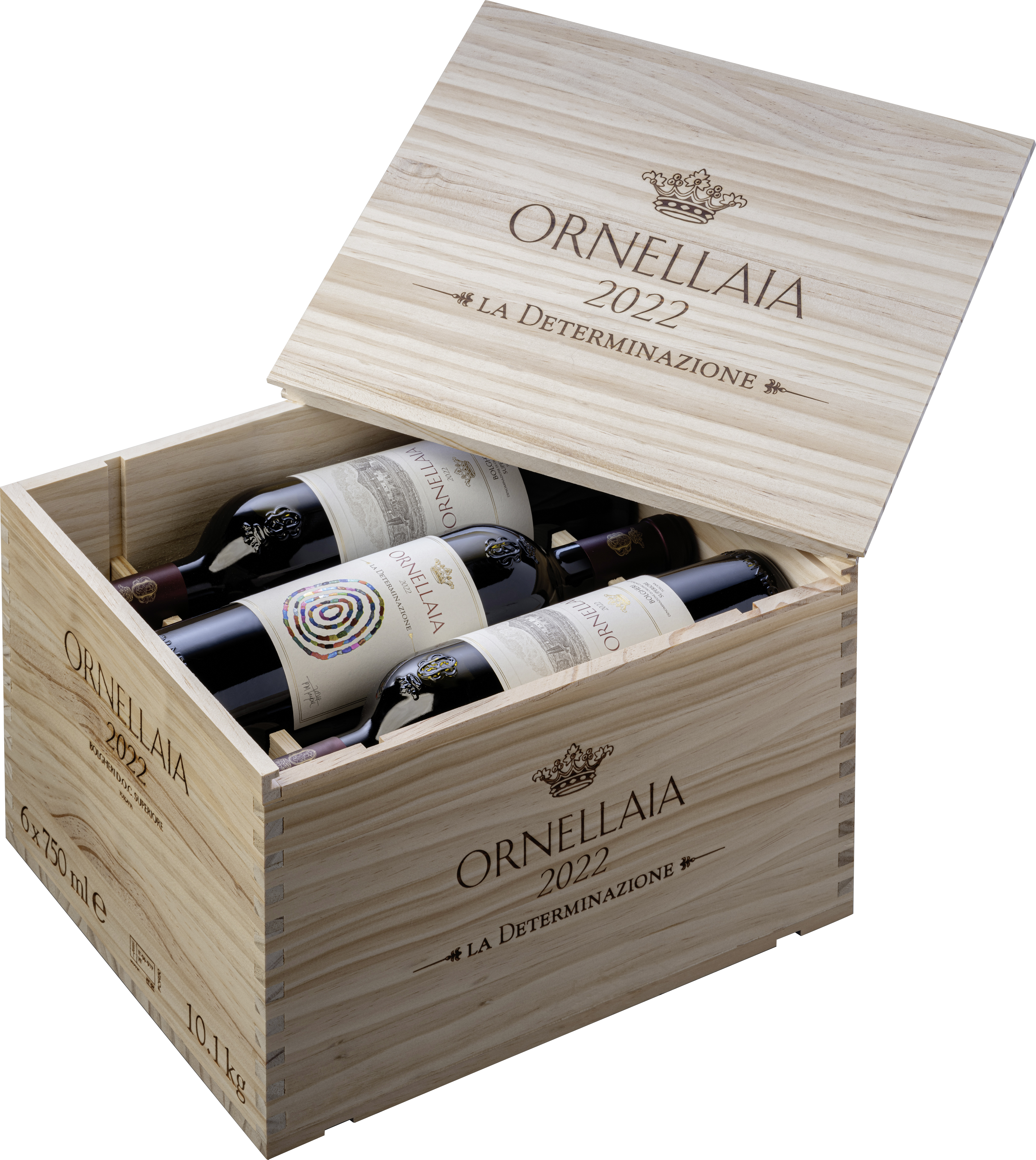 Eine offene Holzbox enthält sechs Flaschen Wein, beschriftet mit -Ornellaia 2022-. Die Box trägt gravierte Schriftzüge, einschließlich -La Determinazione- und Informationen zu Inhalt und Gewicht.