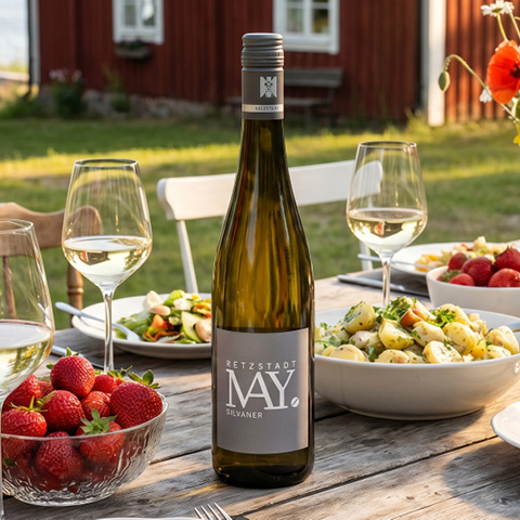 Eine Flasche Silvanerwein steht auf einem Tisch, umgeben von Gläsern, frischen Erdbeeren und verschiedenen Salaten. Der Hintergrund zeigt ein rotes Holzgebäude.