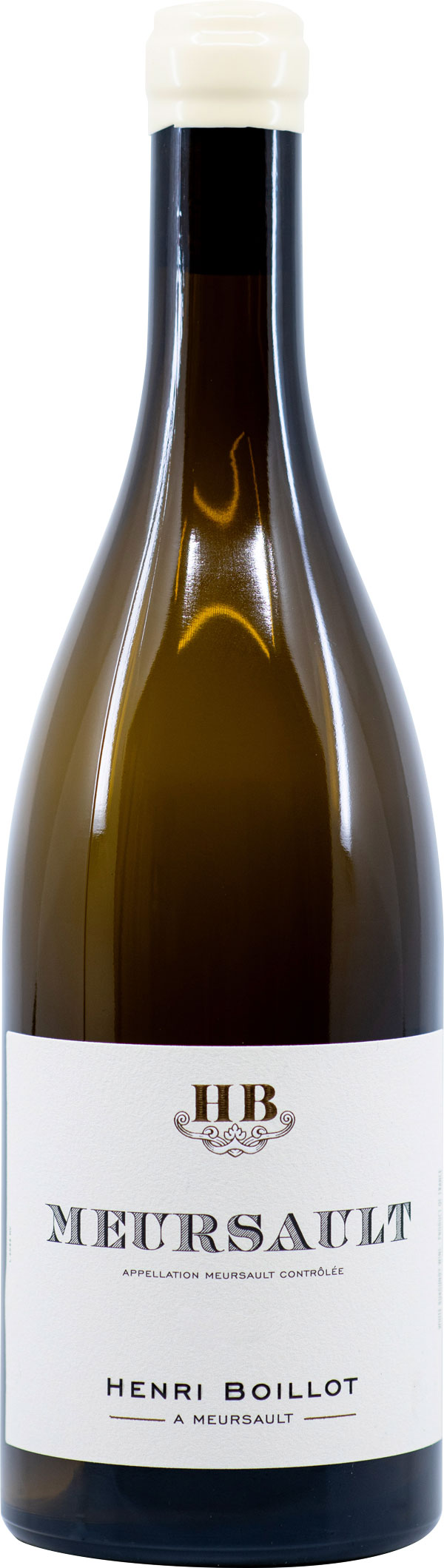 Meursault Village Eine Weinflasche mit weißem Korken und einem eleganten Design. Das Etikett zeigt den Namen -Meursault- sowie -Henri Boillot- und -Appellation Meursault contrôlée- in klarer Schrift.