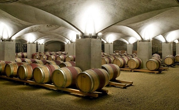 Ein Weinkeller mit mehreren Reihen von Holzfässern, die auf Holzregalen stehen. Die Umgebung hat eine gedämpfte Beleuchtung und gewölbte Decken, die aus Beton bestehen.