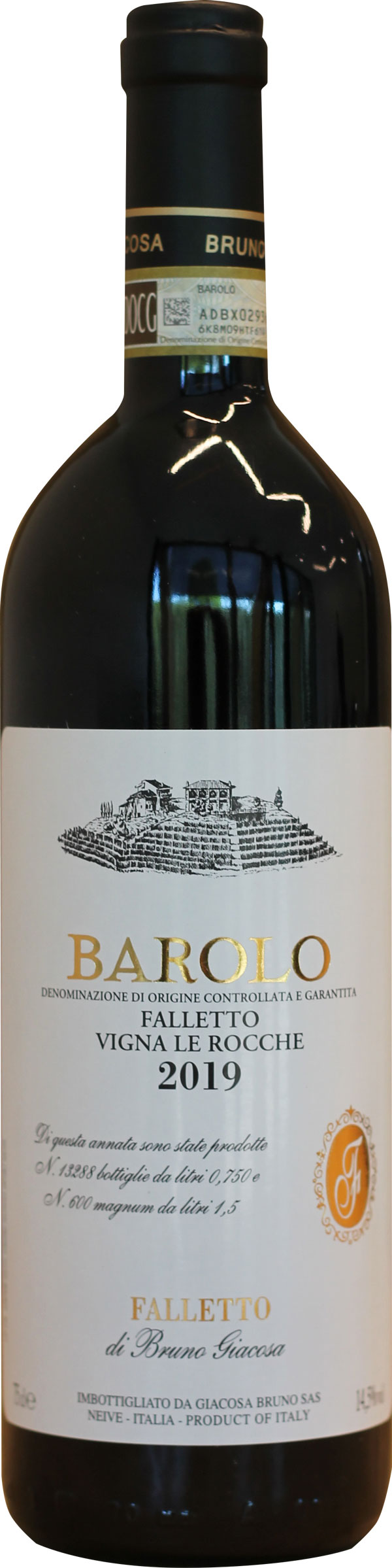 Falletto Vigna Le Rocche Eine Flasche Barolo Wein aus dem Jahr 2019 mit goldenen und schwarzen Etiketten, die den Namen des Herstellers -Falletto di Bruno Giacosa- trägt. Die Flasche zeigt auch Informationen über die Herkunft und Inhalt.