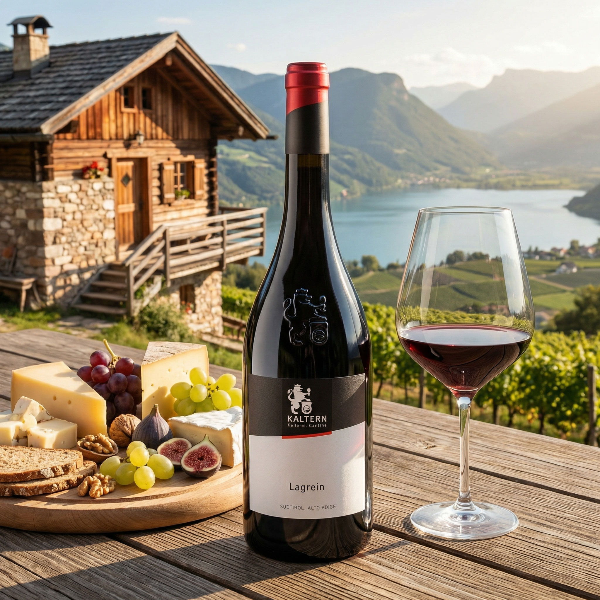 Eine Flasche Lagreinwein und ein Glas Wein stehen auf einem Tisch. Daneben liegt eine Käseplatte mit Trauben, Feigen und Brotscheiben. Im Hintergrund sieht man eine malerische Landschaft mit einem Holzhaus und Weinbergen.
