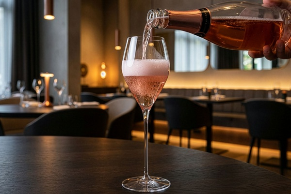 Zwei Gläser mit roséfarbenem Sekt stehen auf einem Tisch, neben einer großen Flasche des gleichen Getränks. Im Hintergrund sind unscharfe grüne und rote Elemente sichtbar.