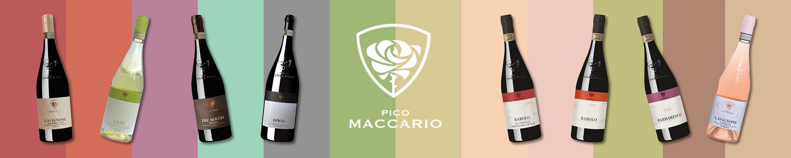 Pico Maccario Sechs Weinflaschen in verschiedenen Farben stehen vor einem farblich gestuften Hintergrund. Jede Flasche trägt ein Etikett mit dem Logo -Pico Maccario-.