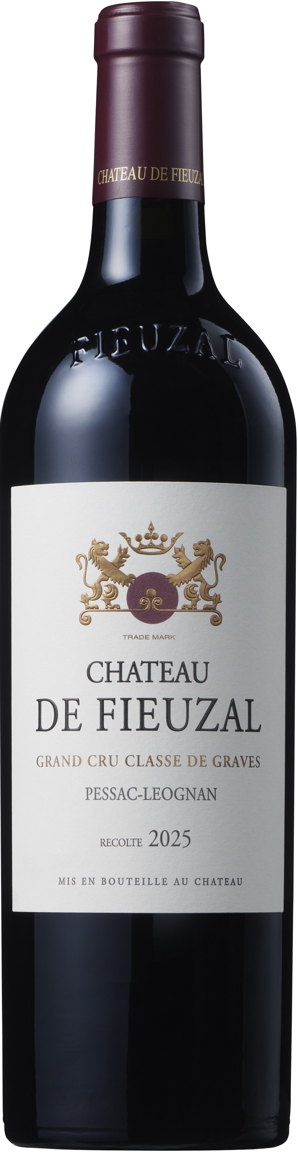 Eine Weinflasche mit einem burgunderfarbenen Kapselverschluss. Das Etikett zeigt den Namen -Chateau de Fiezual-, den Hinweis auf -Grand Cru Classe de Graves- und das Jahr -2025-.
