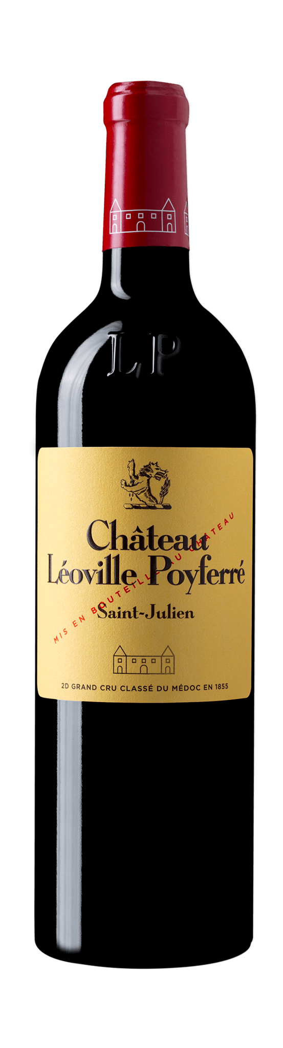 Château Léoville-Poyferré Eine Weinflasche mit schwarzem glas und rotem Korken. Das Etikett zeigt den Namen -Château Léoville-Poyferré- sowie den Zusatz -Saint-Julien-. Es gibt auch eine Abbildung eines Hauses.