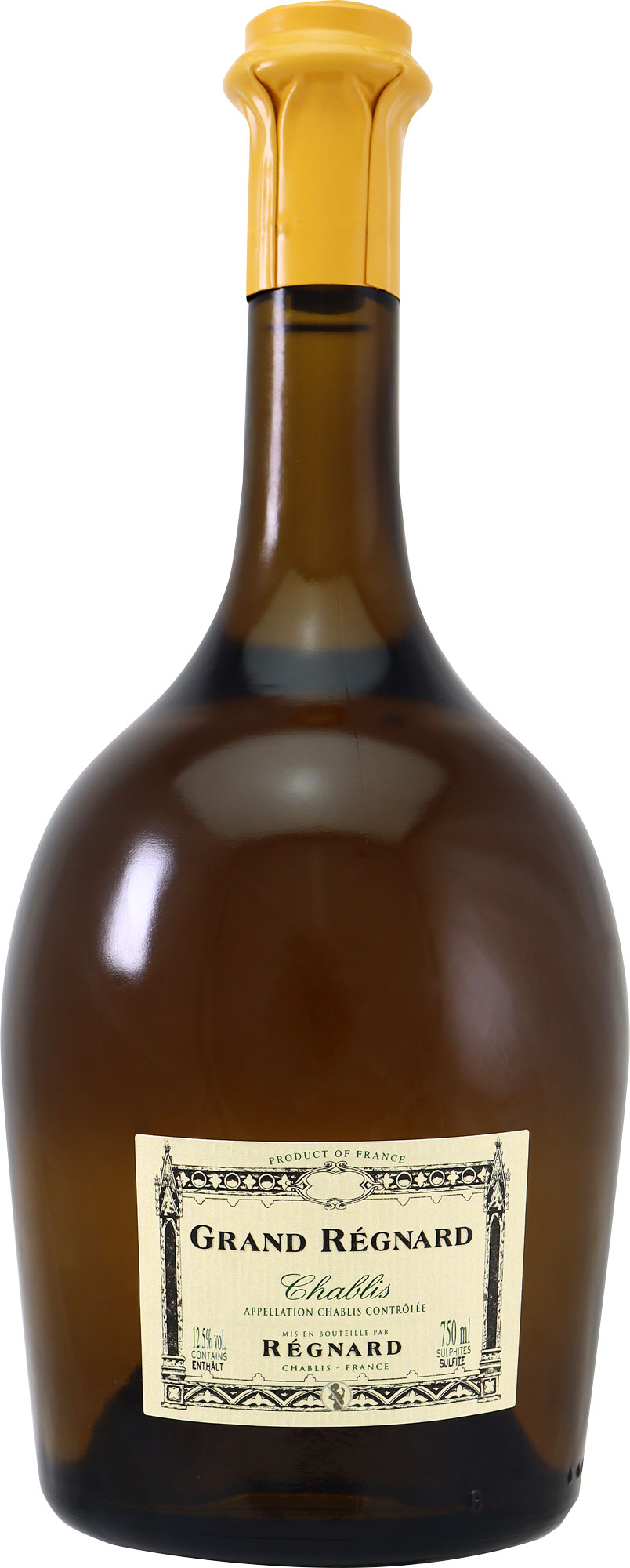Chablis Grand Regnard Magnum Eine große, braune Weinflasche mit einem goldenen Deckel und einem Etikett. Das Etikett zeigt den Schriftzug -Grand Régnard Chablis- sowie Angaben zur Herkunft und zum Inhalt.