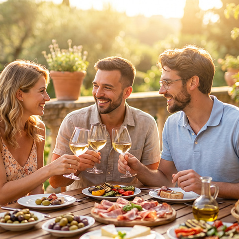 Drei Menschen sitzen an einem Tisch im Freien, heben Gläser mit Wein an und stoßen an. Vor ihnen sind Teller mit verschiedenen Speisen dekoriert. Die Umgebung ist grün und sonnig.