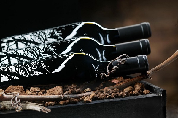 Drei flaschenförmige Objekte stehen nebeneinander auf einer mit Erde gefüllten Box. Eine Weinrebe windet sich um die Flaschen, deren Oberfläche schimmernd und spiegelnd ist.