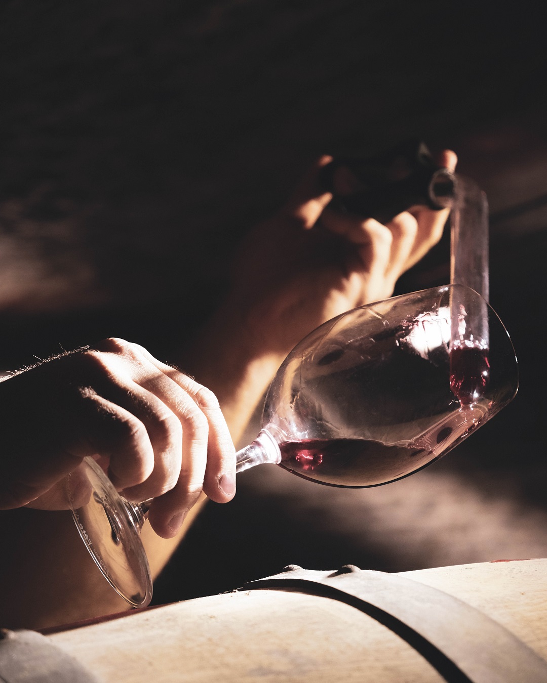 Ein hand hält ein Weinglas, während ein Schlauch in das Glas mit Rotwein führt. Die Szene findet in einem dunklen Keller neben einem Holzfass statt.