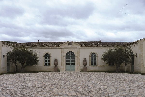 Ein Gebäude mit großen Fenstern und einer Glastür steht im Vordergrund. Der gepflasterte Bereich ist von Olivenbäumen und großen Vasen umgeben. Der Himmel ist bewölkt.