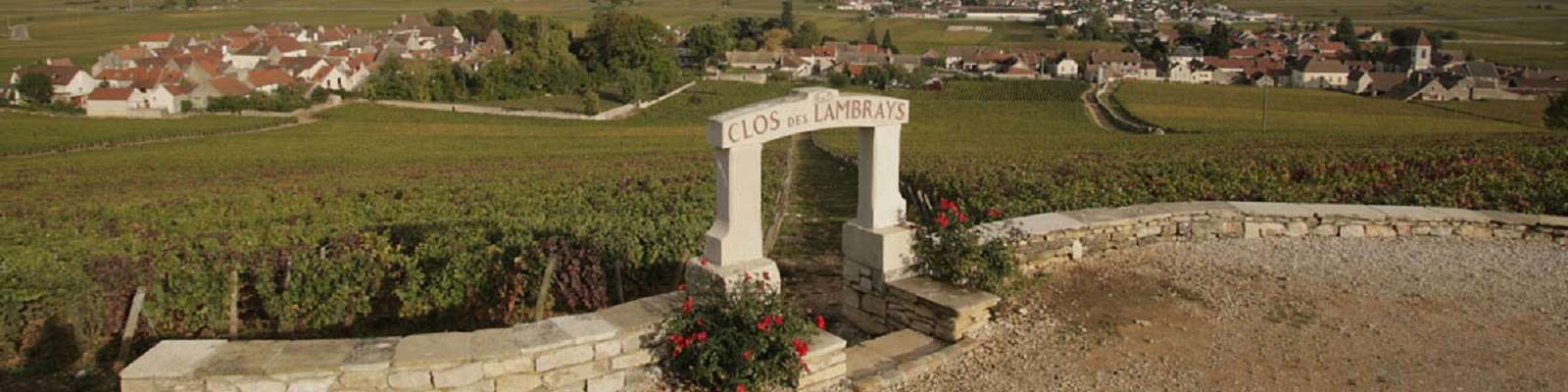 Domaine des Lambrays Ein Steinbogen mit der Aufschrift -Clos des Lambrays- steht in einem Weinberg, umgeben von grünen Reben. Im Hintergrund sind ein Dorf und sanfte Hügel sichtbar.
