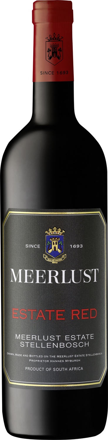 Schwarze Weinflasche mit rotem Deckel. Auf dem Etikett steht -MEERLUST ESTATE RED- sowie -SINCE 1693- und Informationen über den Erzeuger in Stellenbosch, Südafrika.