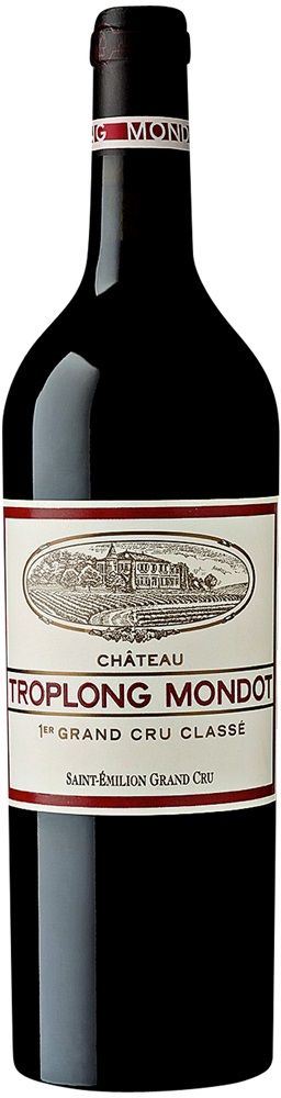 Château Troplong Mondot Eine Flasche Rotwein mit der Aufschrift -Château Troplong Mondot 1er Grand Cru Classé- und -Saint-Émilion Grand Cru-. Die Flasche hat ein elegantes Design und zeigt eine Abbildung des Weinguts.