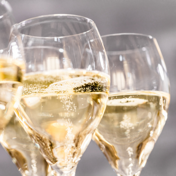 Mehrere Sektgläser stehen in einer Reihe, gefüllt mit sprudelndem, hellgelbem Getränk. Der Hintergrund ist unscharf und grau, wodurch die Gläser hervorstechen.