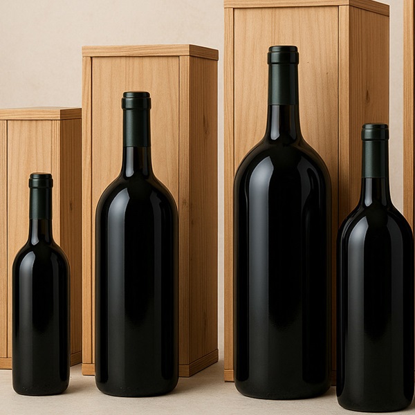 Schwarze Weinflaschen in unterschiedlichen Größen stehen vor hölzernen Kisten. Die Flaschen haben grüne Kappen, und die Anordnung sorgt für ein ansprechendes Arrangement.