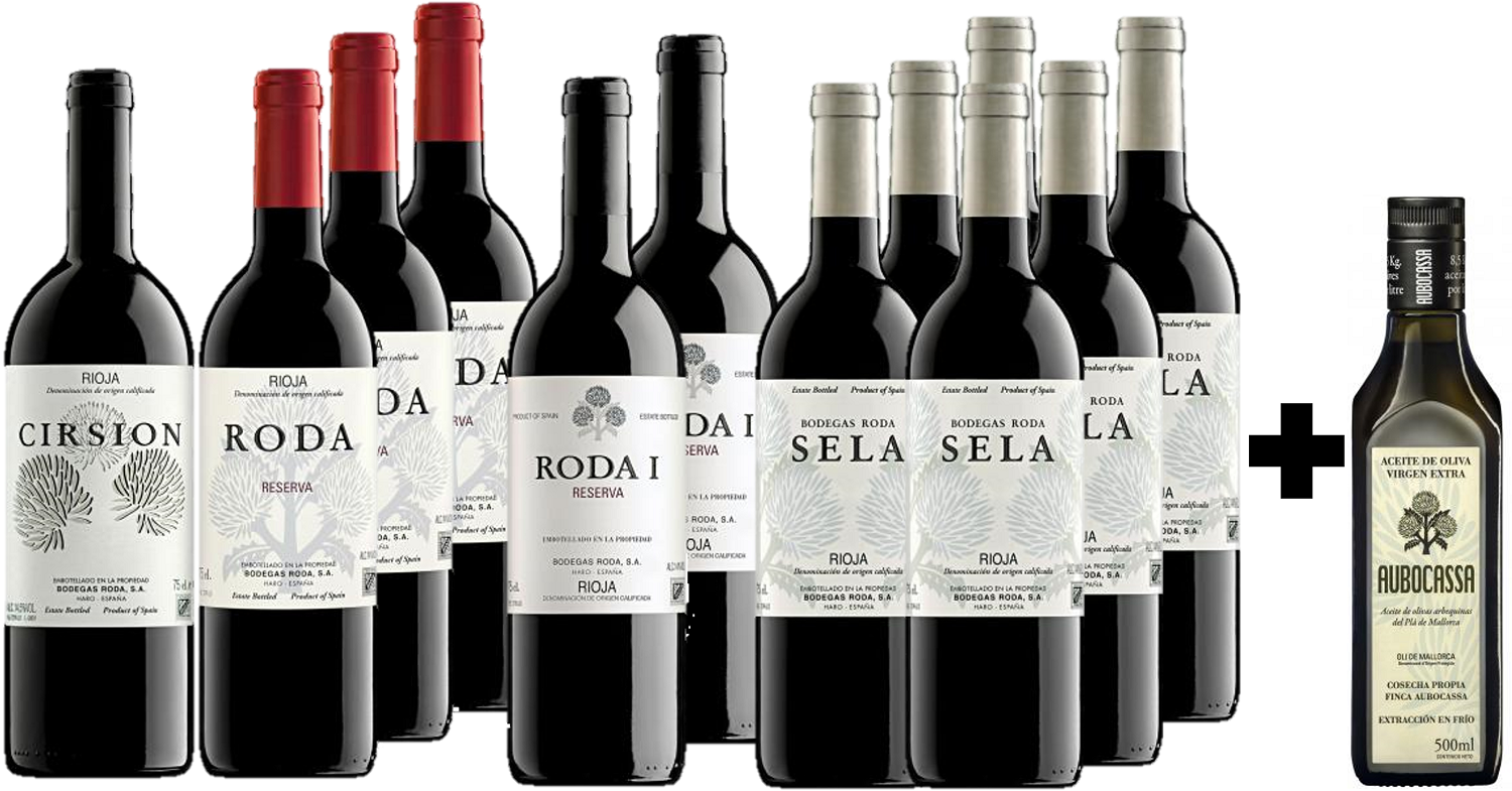 Weinpaket Bodegas Roda Spezial Sechs Rotweinflaschen von Roda, einschließlich Roda I und Sela, sowie eine Flasche Cirsion, sind zusammen mit einer Flasche Olivenöl in einem Arrangement platziert.