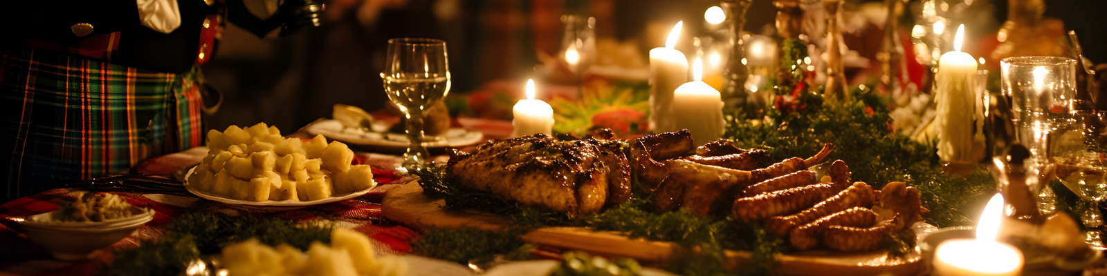 Ein festlich gedeckter Tisch mit warmem Licht, voller kulinarischer Leckereien wie gebratenem Fleisch, Würstchen und Kartoffeln. Kerzen verbreiten eine gemütliche Atmosphäre und schaffen eine einladende Stimmung.