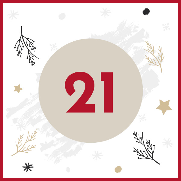 Ein runder, beiger Hintergrund zeigt die Zahl -21- in rot. Umgeben von zarten, grafischen Mustern von Ästen und Sternen in schwarz, gold und weiß auf einem hellen Hintergrund.