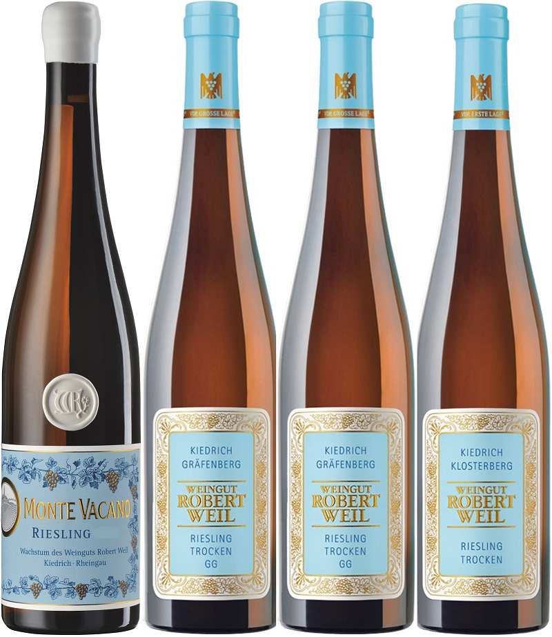 Weinpaket Weil EXKLUSIV: Monte Vacano & Co. Fünf Weinflaschen stehen nebeneinander. Links eine dunkle Flasche mit einer runden Etikette. Die anderen vier Flaschen sind hell mit unterschiedlichen Etiketten, alle mit dem Schriftzug -Weingut Robert Weil-.