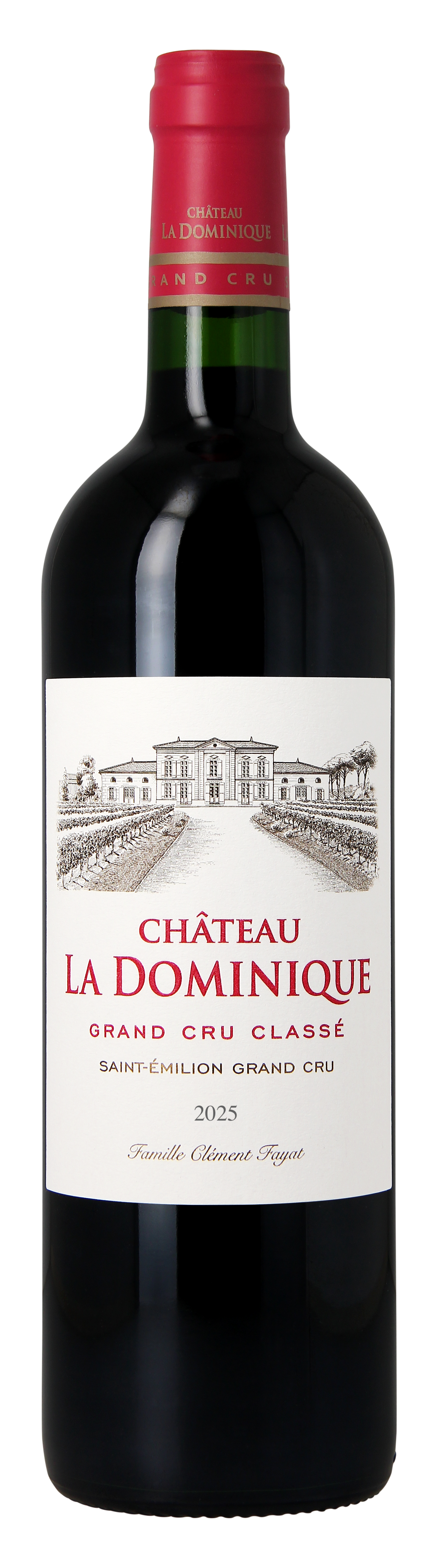 Eine Weinflasche mit einen roten Korken, beschriftet mit -Château La Dominique, Grand Cru Classé, Saint-Émilion Grand Cru, 2025-. Im Hintergrund ist eine stilisierte Darstellung des Weinguts zu sehen.