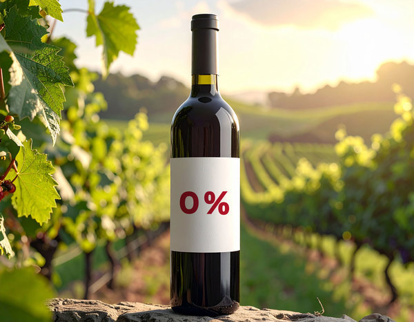 Eine Weinflasche steht auf einem Stein in einem Weinberg. Die Flasche hat ein Etikett mit der Aufschrift -0%-. Im Hintergrund sind Weinreben und sanfte Hügel sichtbar, bei Sonnenuntergang.