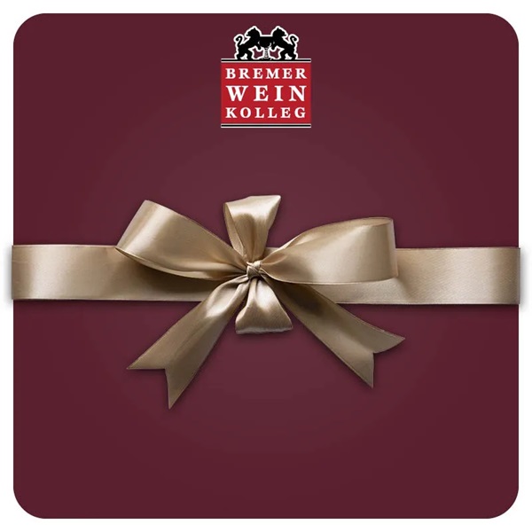 Ein Geschenk mit einem großen, glänzenden, hellbraunen Band auf einem dunkellila Hintergrund. Oben befindet sich das Logo -BREMER WEIN KOLLEG- in rot und weiß.