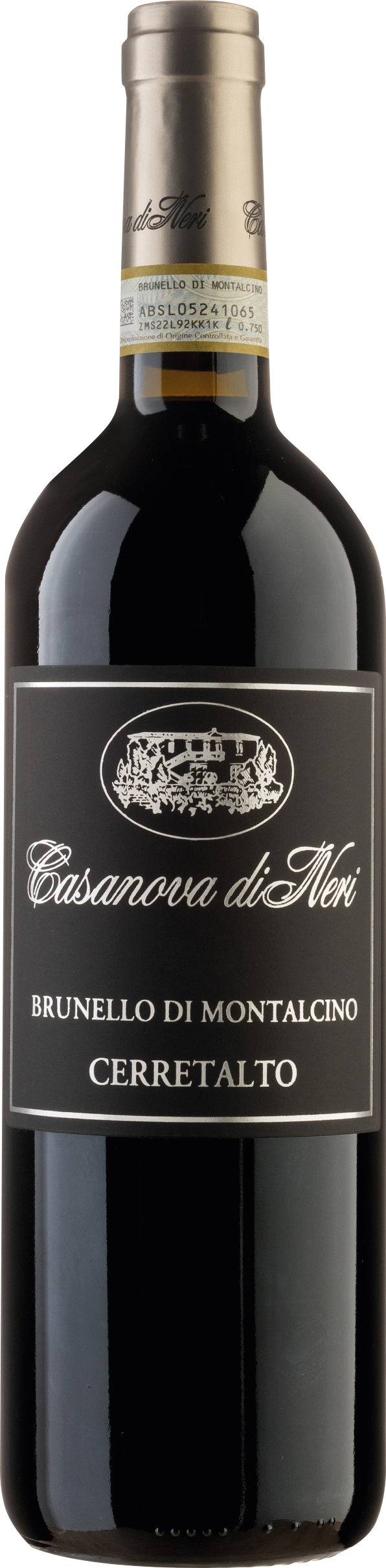 Cerretalto Brunello Di Montalcino Eine schwarze Weinflasche mit silbernem Schraubverschluss. Das Etikett ist schwarz mit weißem Text, auf dem -Casanova di Neri-, -Brunello di Montalcino- und -Cerretalto- steht.
