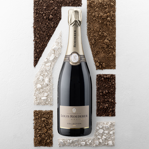 Eine Flasche Louis Roederer Sekt steht in der Mitte, umgeben von verschiedenen Erd- und Bodenarten in Braun- und Grautönen auf einem weißen Hintergrund.