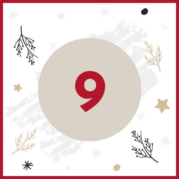Ein runder, beiger Hintergrund mit einer großen, roten Zahl 9 in der Mitte. Umgeben von dekorativen Zweigen und Sternen in Gold und Schwarz auf einem weißen, strukturierten Hintergrund.