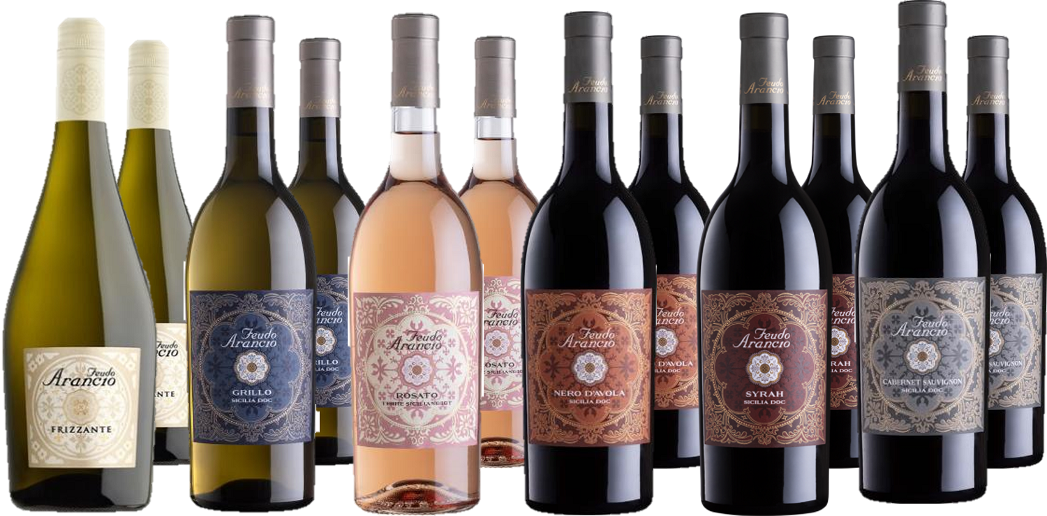 Paket Feudo Arancio - Sizilien zum Spitzenpreis Eine Gruppe von Weinflaschen steht aufrecht nebeneinander. Die Flaschen umfassen Weiß-, Rosé- und Rotwein mit auffälligen Etiketten, die ein florales Design zeigen, und stammen von der Marke -Feudo Arancio-.