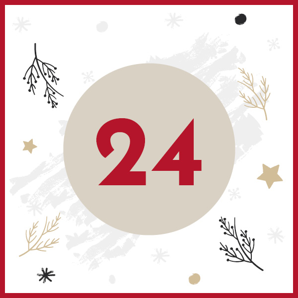 Ein runder, beiger Hintergrund zeigt die Zahl 24 in roter Schrift. Umgeben von stilisierten Zweigen, Sternen und Schneeflocken auf einem weißen Hintergrund mit einem roten Rahmen.