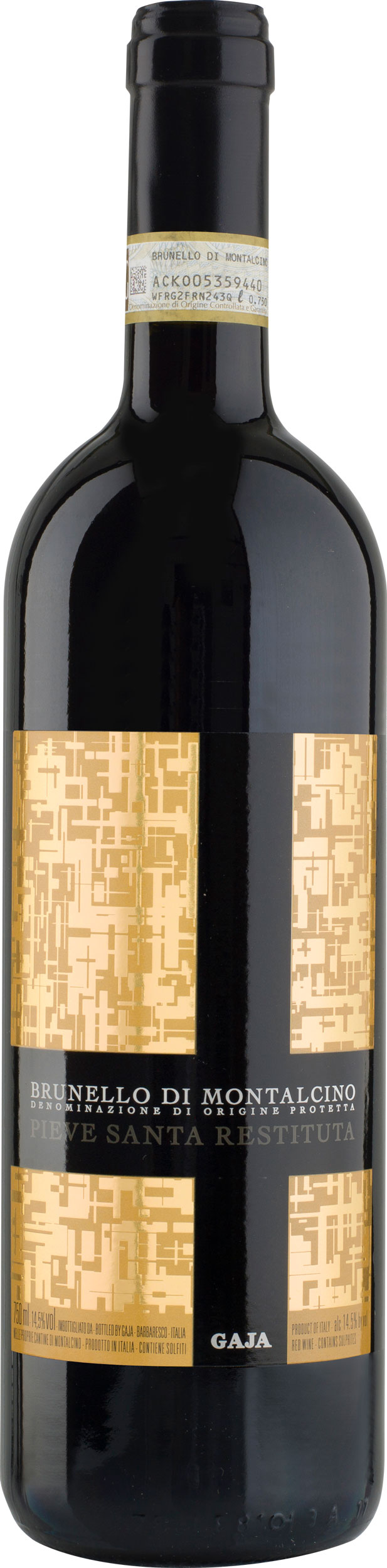 Eine Flasche Wein steht aufrecht. Sie hat ein schwarzes Etikett mit goldenen Mustern und Text. Beschriftung: -Brunello di Montalcino, Pieve Santa Restituta, Gaja, 750 ml, 14,5% vol.-
