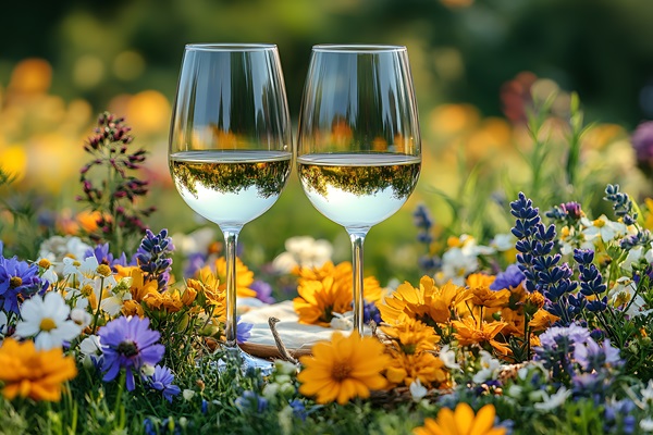 Zwei Weingläser stehen in einer bunten Blumenwiese. Die Gläser sind gefüllt mit klarer Flüssigkeit und spiegeln die lebendige Farbenpracht der Blumen wider.