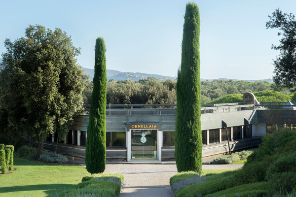 Ein modernes Gebäude mit großen Fenstern und einem Schild mit der Aufschrift -ORNELLAIA- steht im Vordergrund, umgeben von hohen Zypressen und einer gepflegten Gartenlandschaft. Im Hintergrund sind hügelige Landschaften zu sehen.