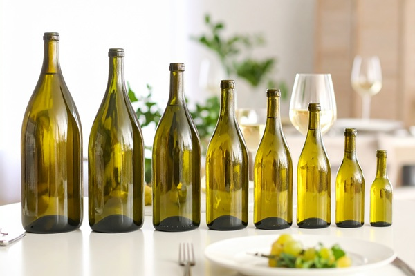 Auf einem Regal stehen vier grüne Glasflaschen unterschiedlicher Größe, beschriftet mit -MAGNUM-, -BOUTEILLE-, -LA DEMIE- und -LE QUART-. Der Hintergrund ist aus grauem Material.