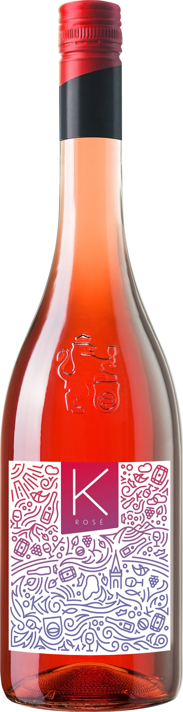 K-Rosé Vigneti delle Dolomiti Eine Flasche Roséwein mit rotem Schraubverschluss. Das Etikett zeigt eine kreative, bunte Grafik mit verschiedenen Getränken und Weinmotiven sowie dem Schriftzug -K Rosé-.