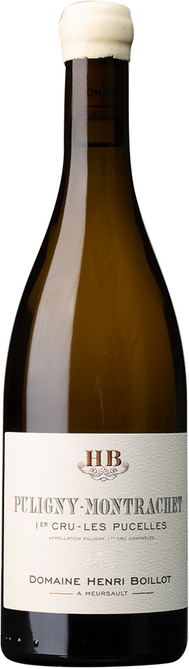 Puligny-Montrachet 1er Cru Pucelles Eine Flasche Wein steht in aufrechter Position. Die Flasche hat eine elegante Form und ist etikettiert mit -Puligny-Montrachet 1er Cru-Les Pucelles-. Das Etikett zeigt den Namen des Weinguts und die Bezeichnung der Appellation.