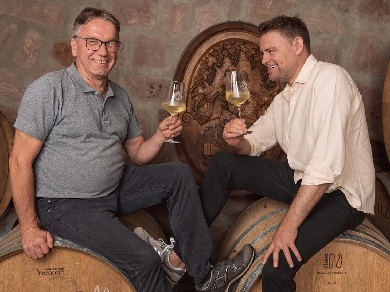 Zwei Männer sitzen auf Weinfässern und stoßen mit Gläsern Weißwein an. Im Hintergrund sind verzierte Fässer und Steinwände zu sehen, was eine Weinkelleratmosphäre schafft.