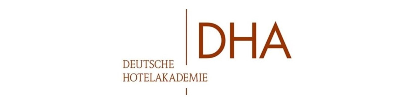 Ein Logo mit den Buchstaben -DHA- in brauner Schrift, daneben steht -DEUTSCHE HOTELAKADEMIE-. Der Hintergrund ist weiß, das Design ist schlicht und modern.