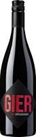 Eine schwarze Weinflasche, die in der Mitte ein auffälliges, rotes Etikett mit dem Schriftzug -GIER- trägt. Der Hintergrund ist schlicht und hell.