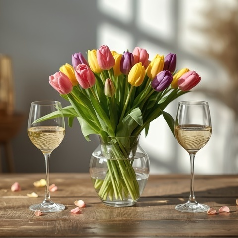 Ein Blumenstrauß aus bunten Tulpen steht in einer Glasvase. Daneben sind zwei Weingläser mit hellem Wein auf einem Holztisch plaziert. Die Umgebung ist hell und einladend.