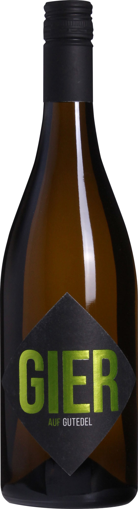 GIER auf Gutedel Eine Weinflasche mit einem runden, braunen Glasdesign. Das Etikett zeigt den Schriftzug -GIER- in grüner Schrift und -AUF GUTEDEL- in kleinerer, weißer Schrift auf einem schwarzen Hintergrund.